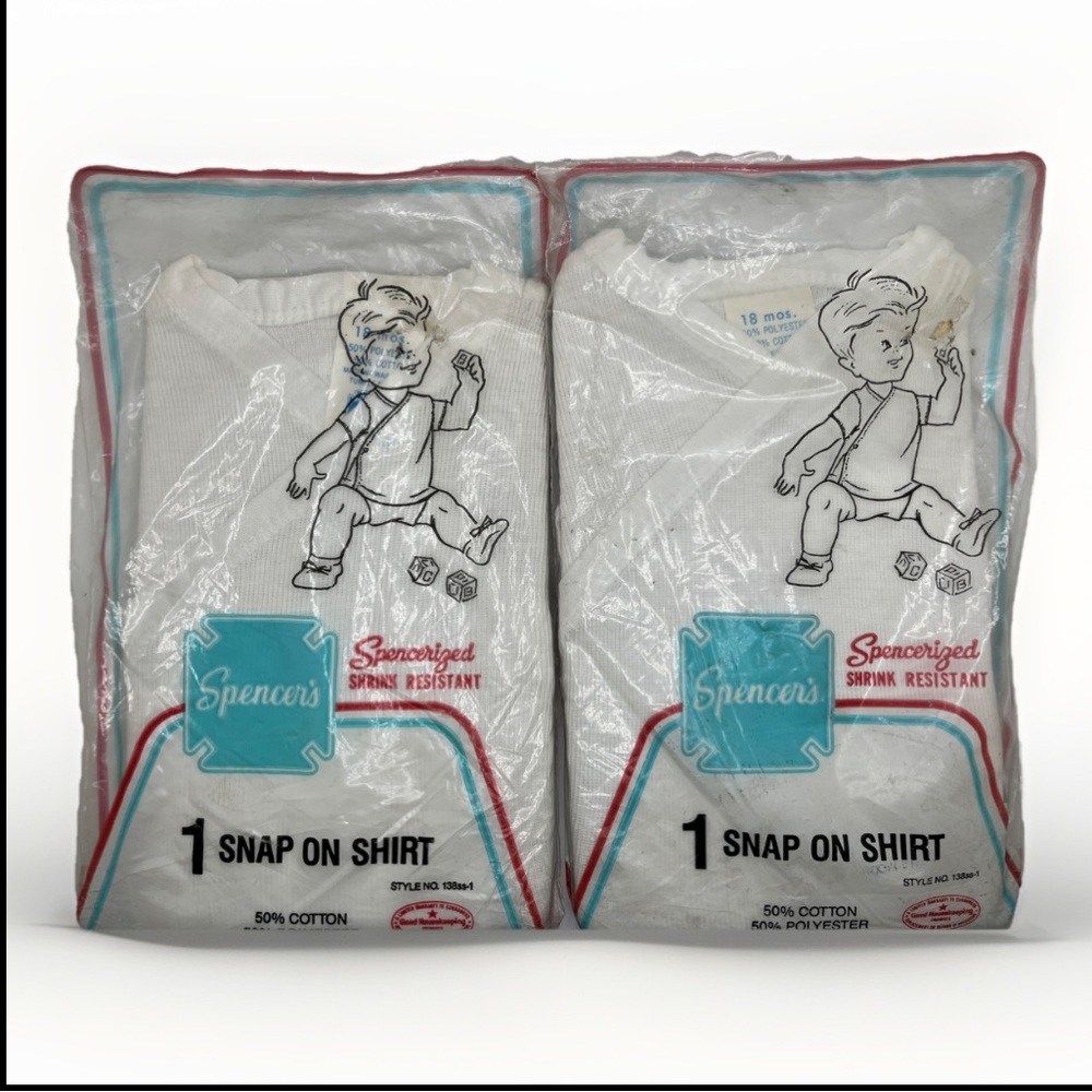 2 pair NOS Vintage 1960s Spencer's White Snap-On Infant Shirt 18 months USA